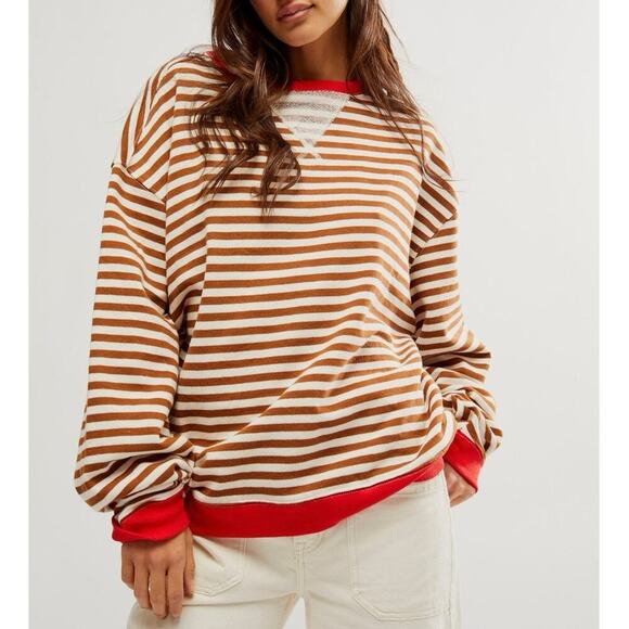 Free People NWT Classic Striped Oversized Crewneck Sweatshirt Brown Red Size XL - Picture 1 of 14